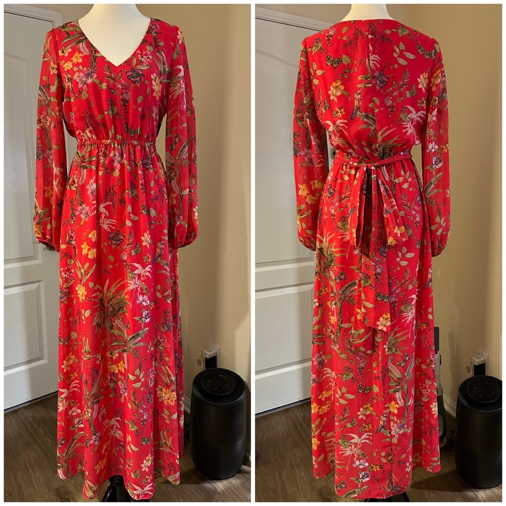 WHBM Floral Orange Red Maxi Dress
